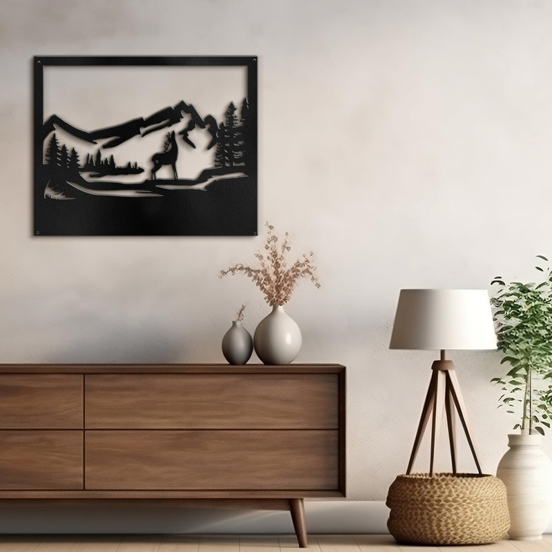 Décoration murale abstraite majestueuse élan dans la forêt, H 28,8 po x l 36 po x P 0,05 po, Noir