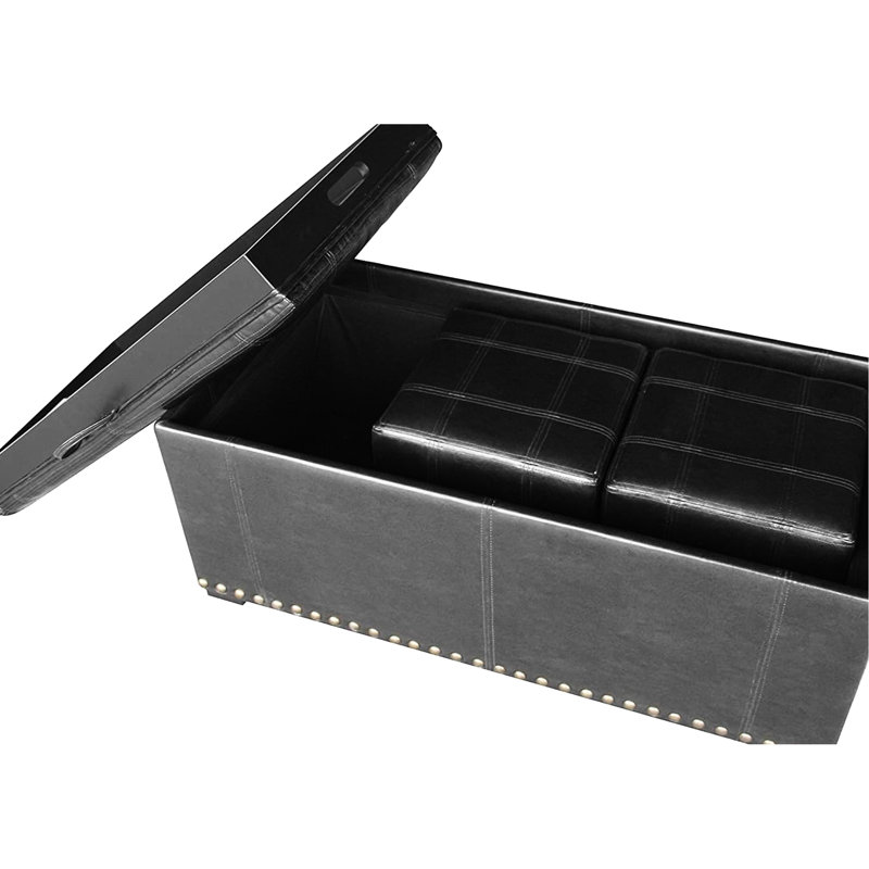 Black Leather Storage Bench With 2 Ottomans, Convertible To Table, Perfect For Living Room, Nail Heads Look, 16" H X 39.68" W 40" D Bench, 13" 13.5" Ottomans Style,