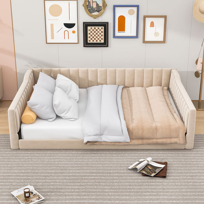 Lit de jour rembourré en velours Murdoch, Double XL, Beige
