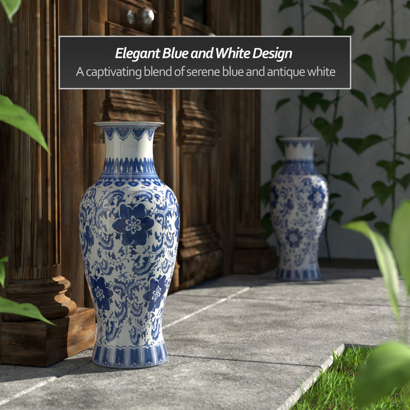 24" Blue And White Floral Porcelain Fishtail Vase, 23.75" H x 10.25" W x 10.25" D, Blue