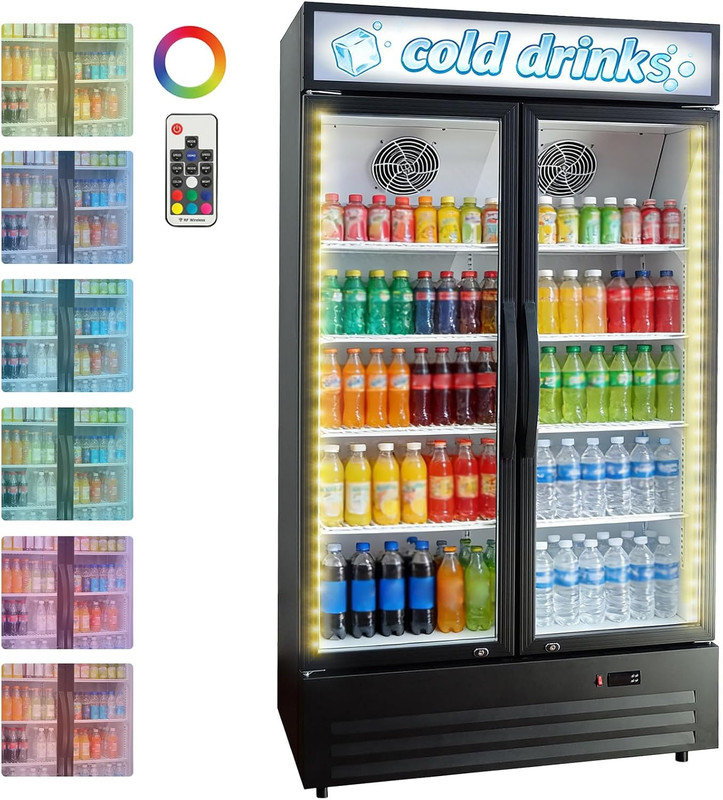 34.8 Cu.Ft Commercial Beverage Cooler, Double Door Glass Display Fridge with RGB Lights, Silver