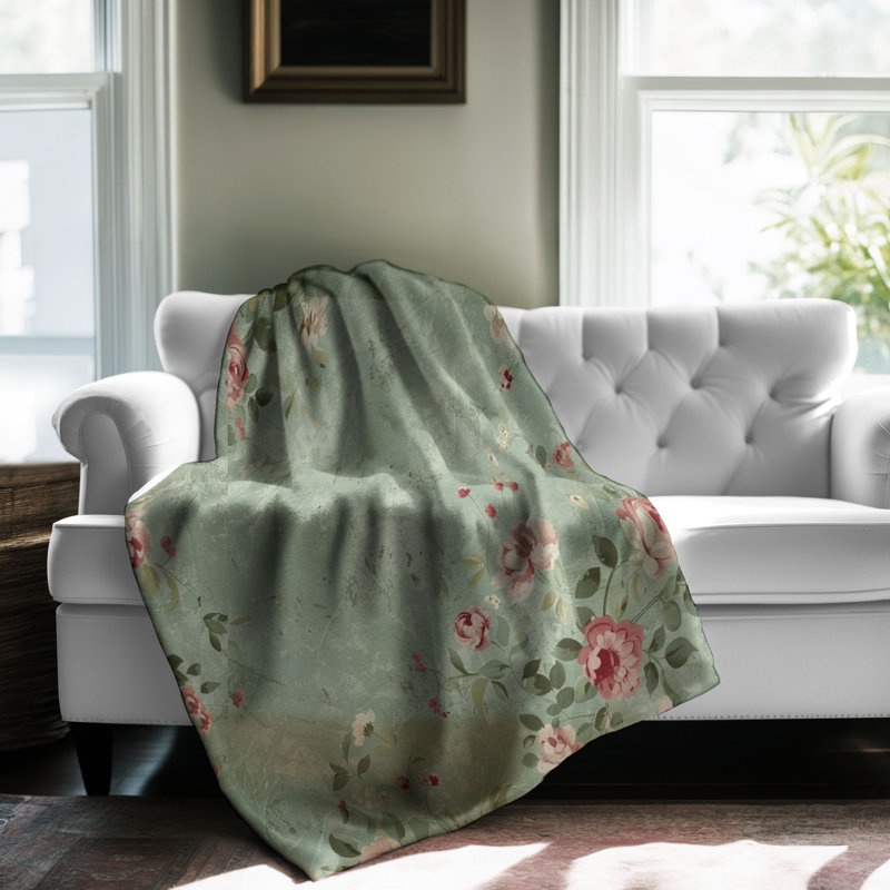 Motifs de sauge à motif floral vieilli - couverture en sherpa de qualité supérieure 1 pièce, Grand lit