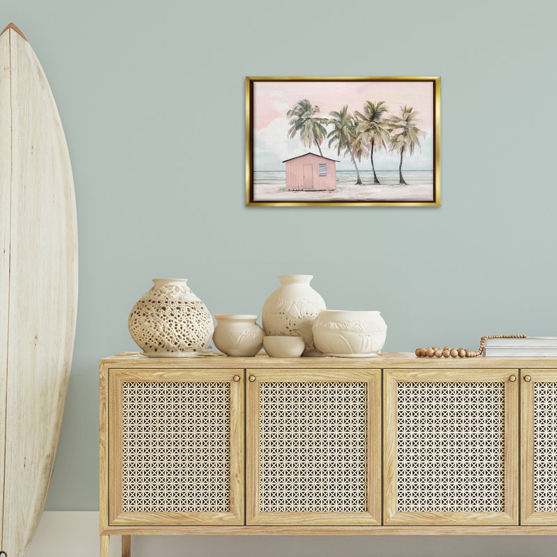  Toile flottante encadrée "Pink Beach Hut & Palms" par Arlington Prints, H 17 po x l 25 po, Cadre flottant métallique doré
