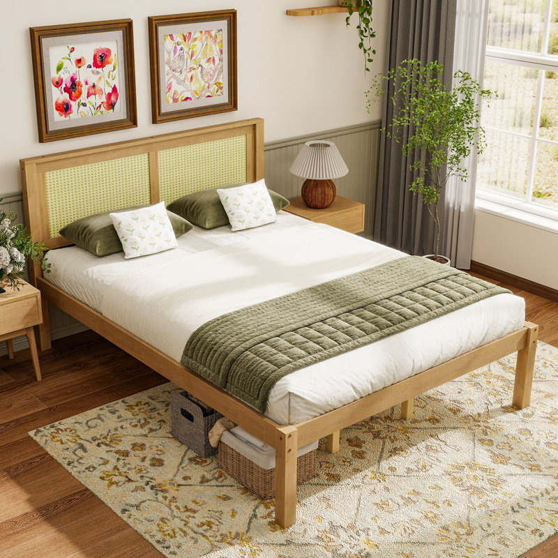 Lit plateforme en bois massif avec tête de lit en rotin, cadre de lit Boho de style campagnard, rangement sous le lit, aucun sommier nécessaire