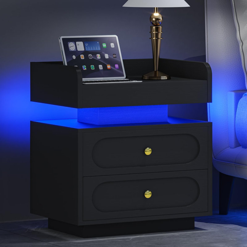 Nightstand with Charging Station LED Lights, Modern End Table for Bedroom, Black, Individual