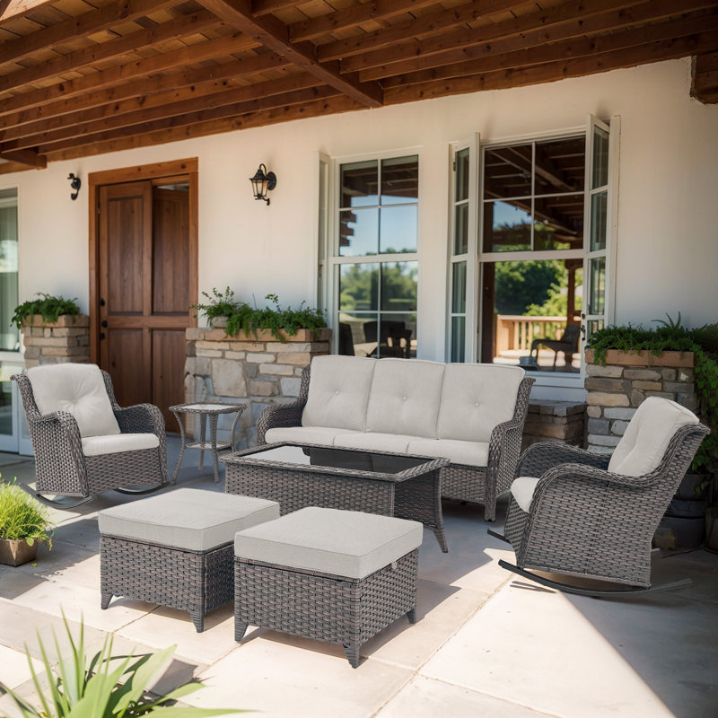 Bonia 7 - Pieces Outdoor Sofa Seating Group with Ottomans and Cushions, Brown, Beige