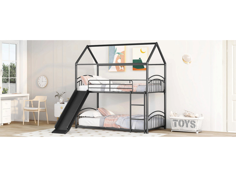 Twin Over Twin Metal Bunk Bed With Slide,Kids House Bed Black, Black