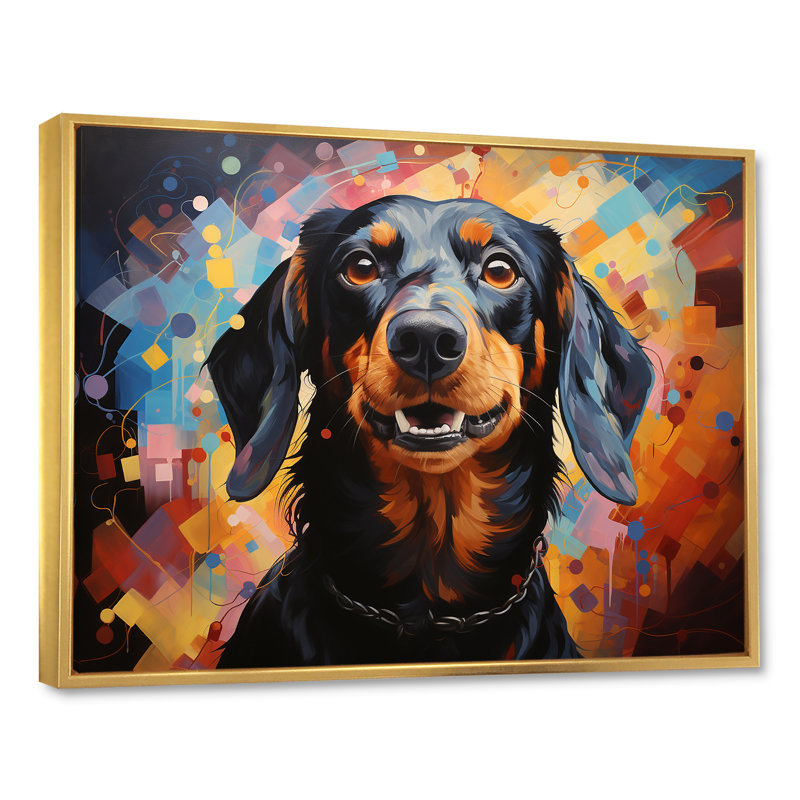 Dachshund Delight V sur toile, Cadre flottant doré, H 30 po x l 40 po x P 1,5 po