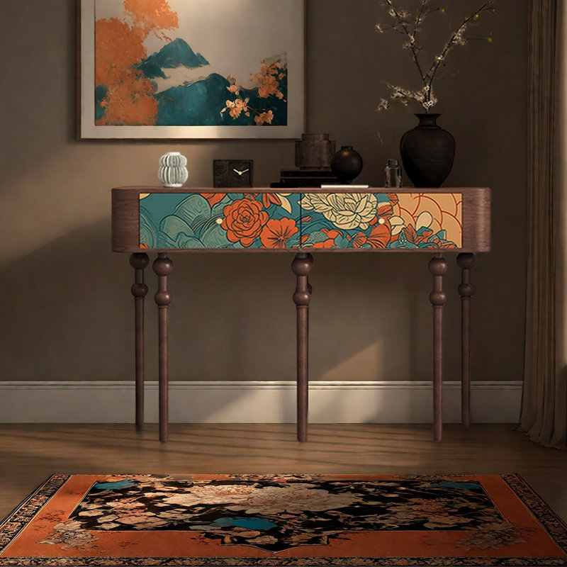 Artistic floral pattern wooden console table.