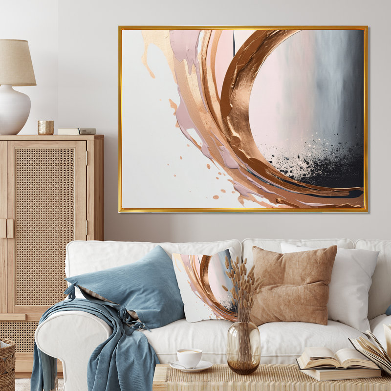 " Rosegold Half Circles Boho V " Color Photography Print, 20" W x 12" H, Gold Floater Framed