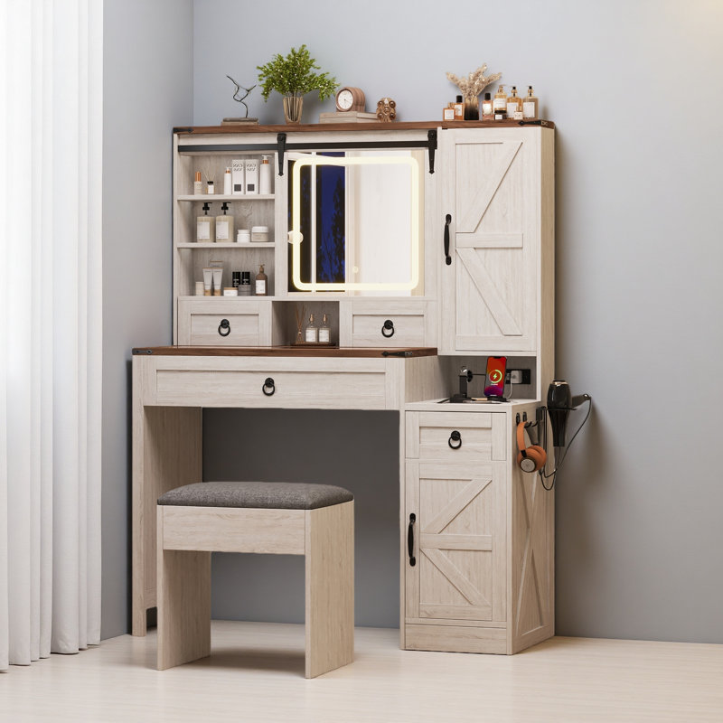 Farmhouse Vanity Desk With Sliding Mirror And Lights, Vanity Set With Glass Top And Charging Station ,Dressing Table With 4 Drawers And 2 Cabinets