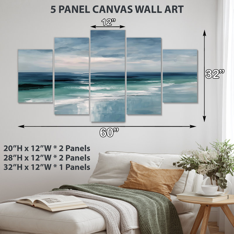 Vagues côtières dans des tons de bleu et de blanc - art mural côtier, impression sur toile 5 panneaux