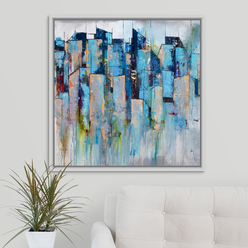 « centre-de-mémoire », peinture sur toile, H 31,7 po x l 31,7 po x p 1,75 po, Cadre flottant blanc