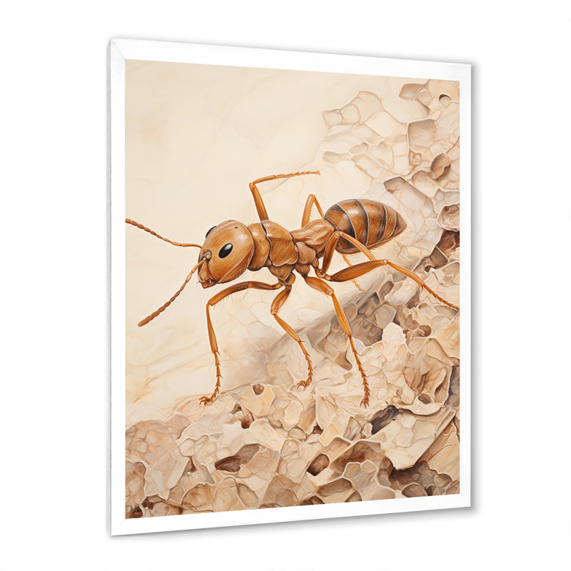 Minimalisme, fourmi beige, collage sur toile, Cadre simple blanc, H 20 po x l 12 po x P 1 po