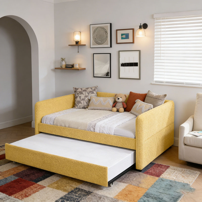 Boucle Fabric Daybed, Yellow-Trundle, Full