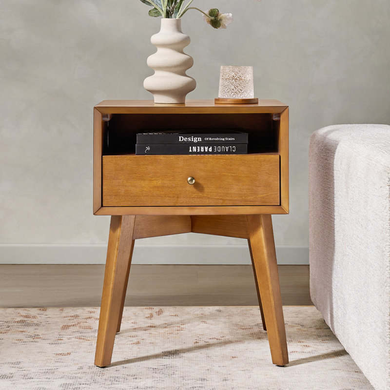 Boneva 18"W Mid-Century Modern Solid Wood Nightstand with Built-In Outlets, Acorn