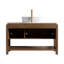 Meuble-lavabo 48 po, meuble-lavabo autoportant en contreplaqué avec 3 portes diagonales rayées et tablette ouverte, lavabo en céramique à motif marbré et plateau en pierre frittée blanc de Carrare, grain de bois noyer foncé