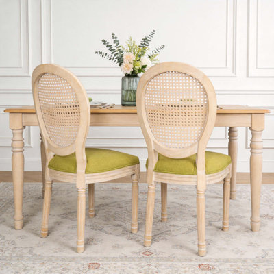 French Country Dining Chairs Set of 2 with Solid Wood Frame and Natural Rattan Back