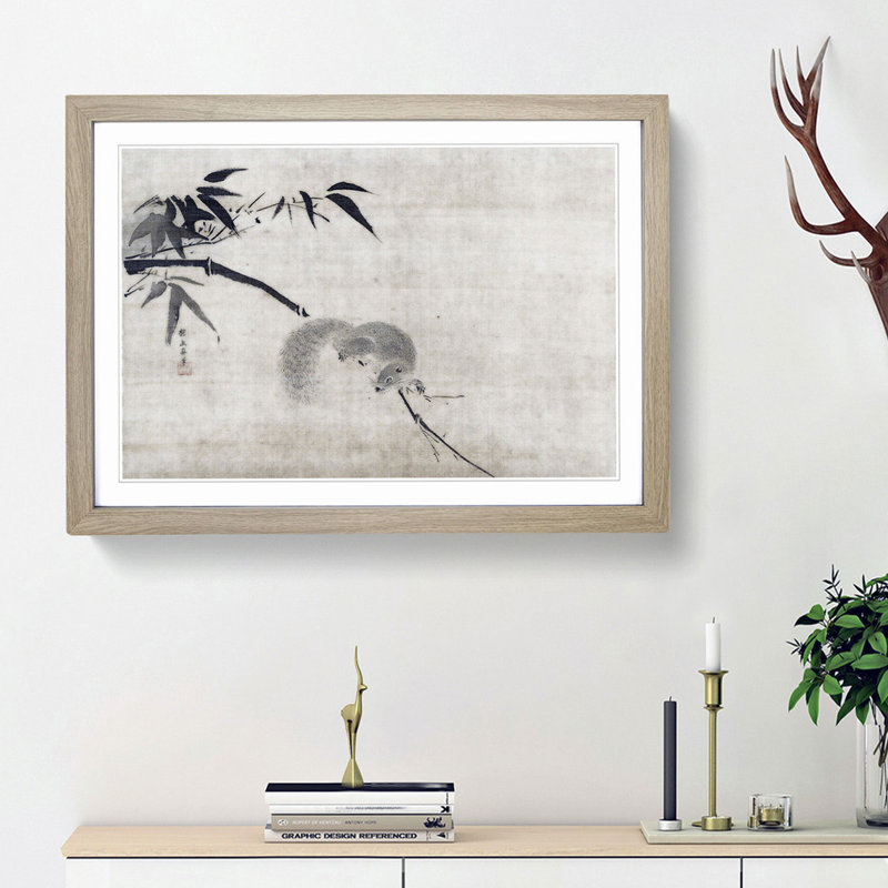 Squirrel on a Bamboo by Kano Tan'yu - Picture Frame Painting Print, Oak Framed, 27cm H x 36cm W x 2cm D