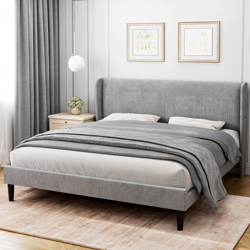 Structure de lit plateforme avec tête de lit tapissier à oreilles, aucun sommier tapissier requis, Beige, Lit double