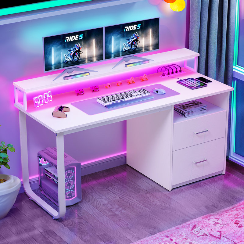 Brooksey 55'' Writing Desk with Charging Station & LED Light, White