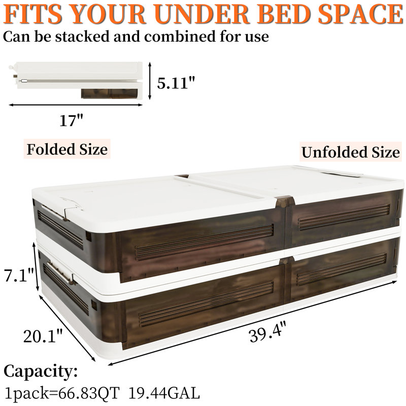Ensemble de 2 bacs de rangement sous le lit avec bacs de rangement empilables, Brun, 175 pte