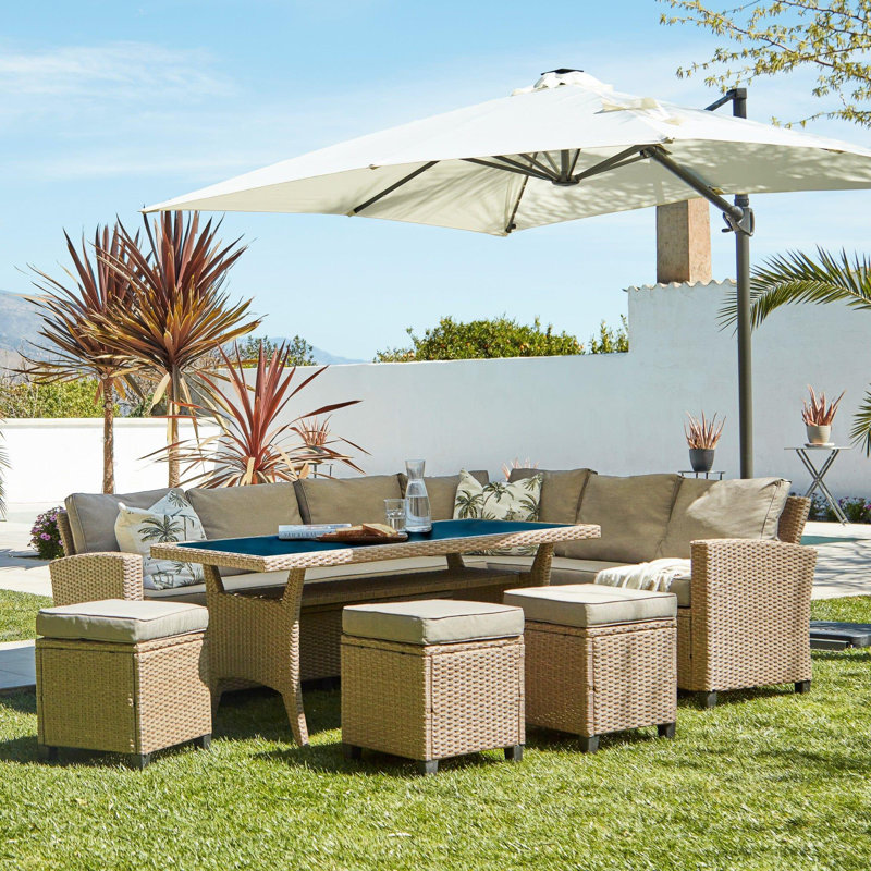 Rattan 9 - Person Seating Group with Cushions and LED Premium Parasol, Grey, Beige
