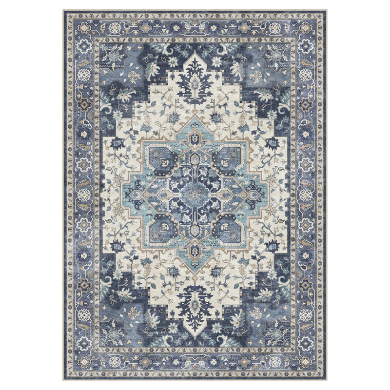 Tapis oriental performance Roehit, Tapis de couloir 2 pi x 5 pi, Bleu marine / Ivoire