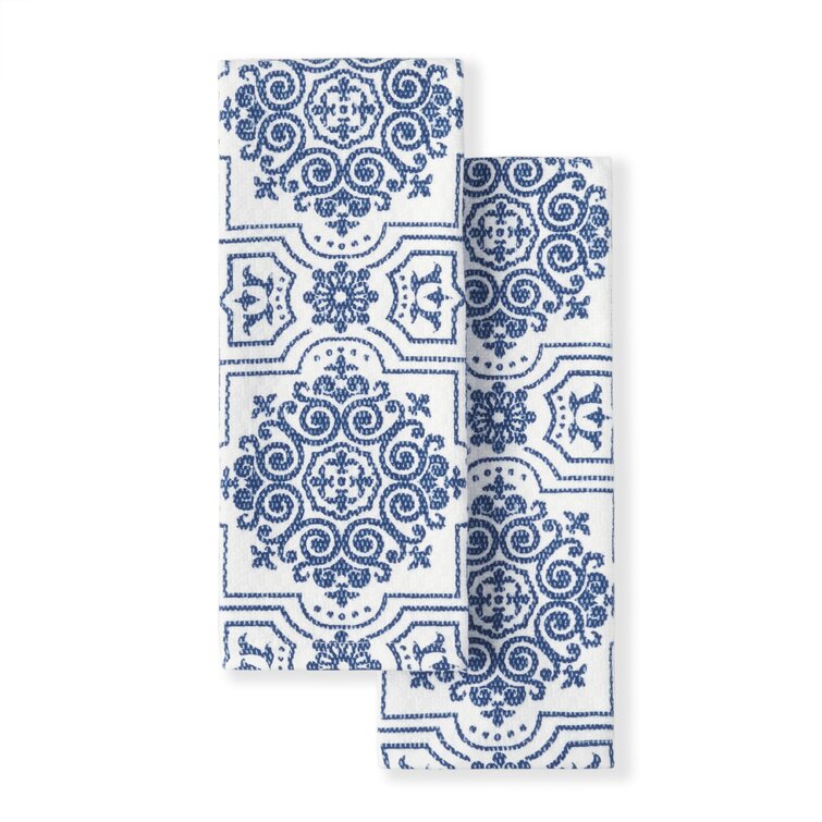 Martha Stewart Stripe Medallion Kitchen Towel Set 2-Pack 16"X28", Blue/ White