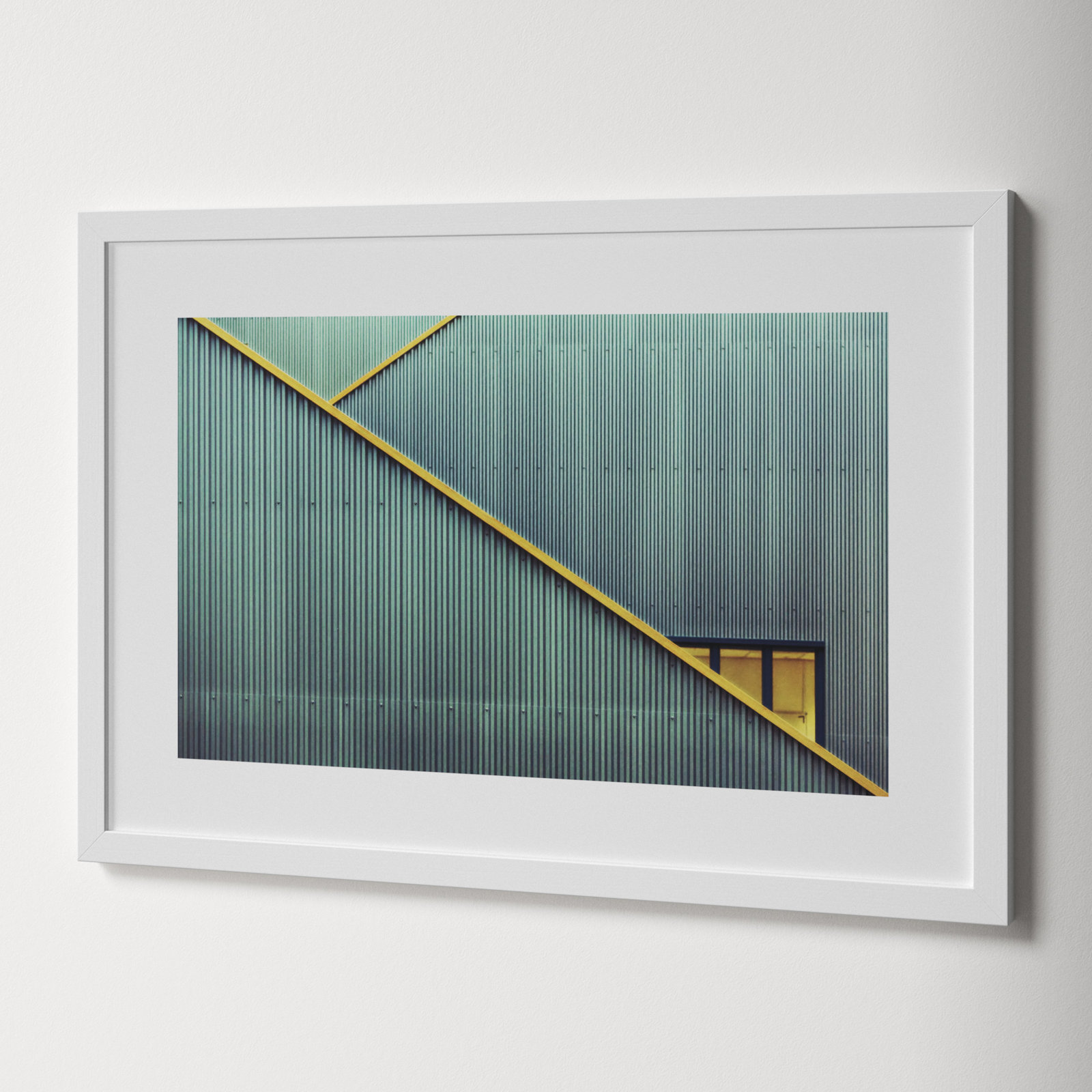 Stairs and Yellow Door Print by Jan Niezen, 18.38" H x 26.38" W x 0.88" D, White Framed Paper