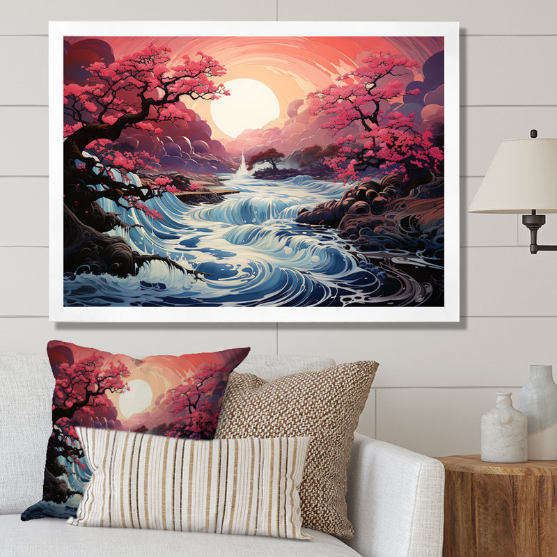 Japon, rivière rose, lever de soleil, rivière, art mural, Cadre de coin blanc fermé, H 30 po x l 40 po x P 1,5 po