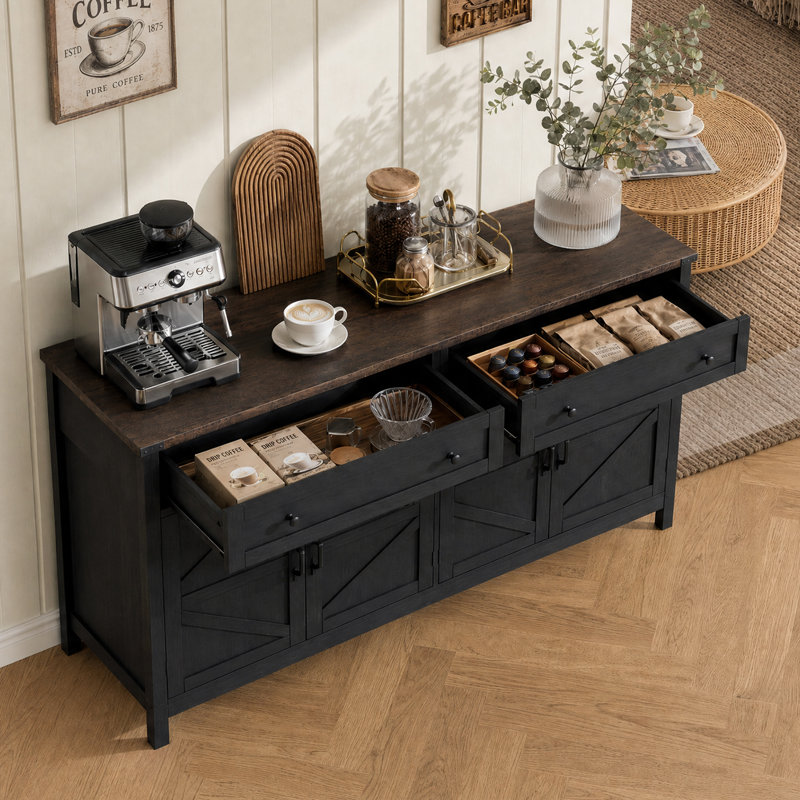 Buffet de style ferme moderne de 55,12 po de largeur avec portes à panneaux à motif losange, Brun / Noir