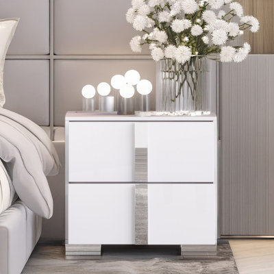 Elegant Nightstand with Metal Handle,Mirrored Bedside Table with 2 Drawers for Bedroom,Living Room,White