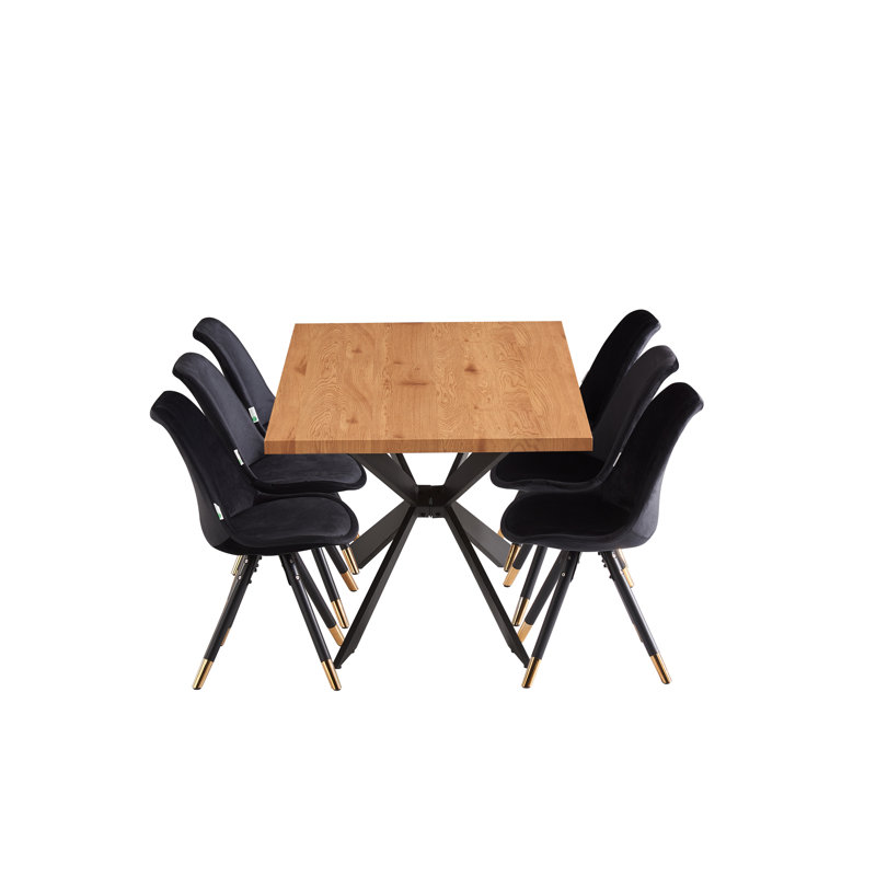 Gunesh 6 Person Dining set - a Rectangular Wooden Dining Table with Metal Legs and a Set of 6 Quilted Velvet Dining Chairs for Dining Room - Modern Dining Table Set