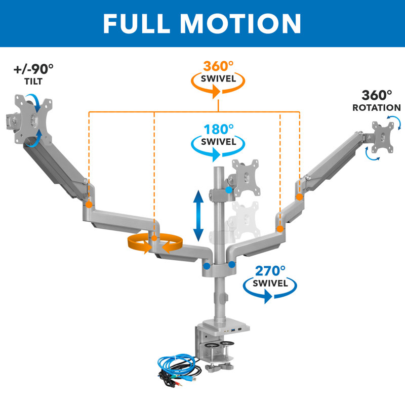 Silver Adjustable Triple Monitor Desk Mount with USB and Audio Ports