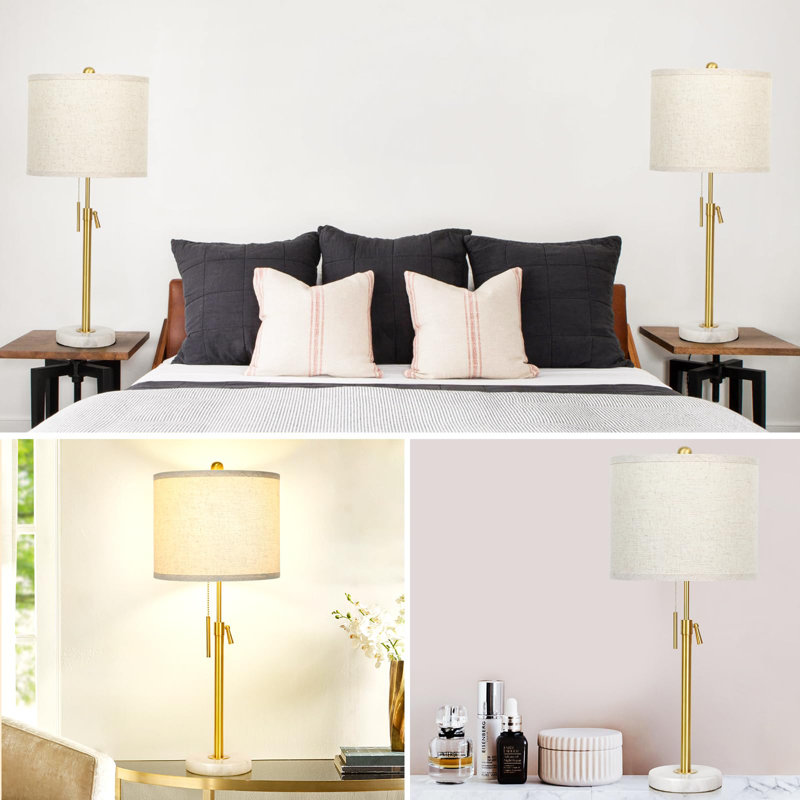 Adjustable Height Modern Table Lamps Set Of 2, 3-Way Dimmable LED Bulbs,  Fabric Shade, Gold/White
