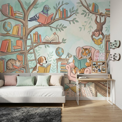 Papier peint bibliothèque, décoration murale amovible fantaisiste