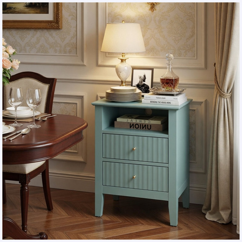 Table de chevet cannelée verte 18 po avec 2 tiroirs, table de chevet de chambre à coucher moderne, table de bout avec canapé et rangement