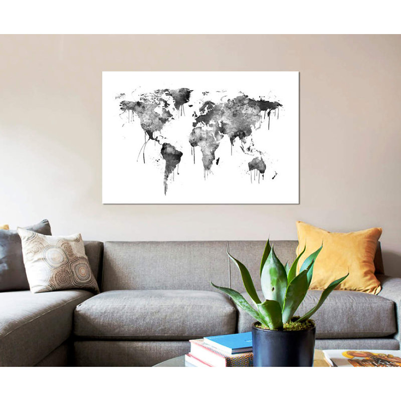 « aquarelle map of the world map, gray scale » par michael tompsett, impression sur toile, H 8 po x l 12 po x P 0,75 po