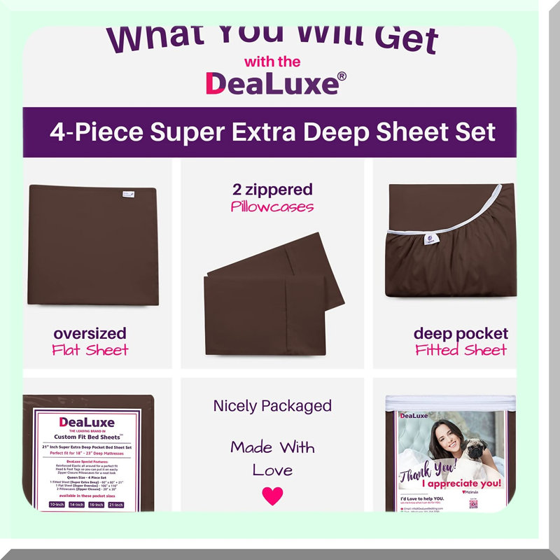 Luxury Comfort 21" Deep Pocket Queen Sheet Set - 4 Piece Bedding Set with Oversized Flat Sheet & Pillowcases - Brown Pillow Top Sheets for Queen Size Bed
