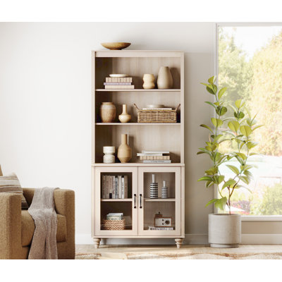 Scarlett 72.1"H X 33.9"W  Bookcase With Doors, 5 Tier Bookshelf, 72'' Tall Book Case Shelf With Glass Storage Cabinets, Large Bookcases Farmhouse Bookshelves For Living Room Bedroom Home Office Kitchen, 34''