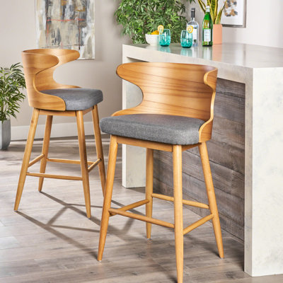2 chaises de bar style Mid-Century, tissu gris, bois d'hévéa robuste, tabourets de 41 po de hauteur 2 pièces, siège en tissu, fabrication en bois d'hévéa, hauteur