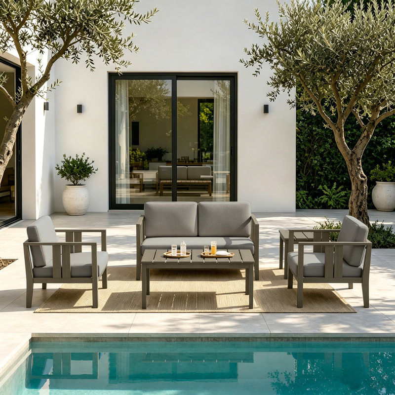 Ensemble de patio d'extérieur pour quatre personnes en teck avec coussins et deux tables Junco, Brun, Gris