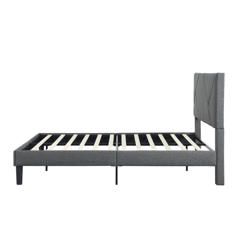 Lit plateforme double rembourré pleine grandeur - tête de lit et sommier à lattes en bois massif avec sommier sans sommier gris