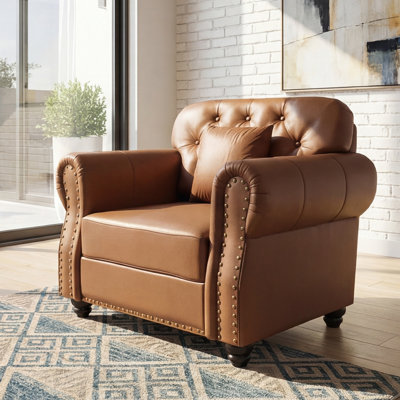 41.3" W Faux Leather Chesterfield Sofa, Mid-century Modern Tufted Armchair With Nailhead Trim & Rolled Arms, Brown
