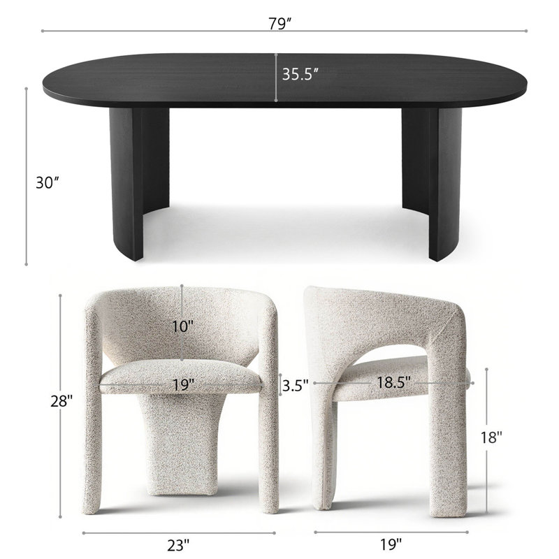 7-Piece Modern Dining Set With 79" Oval Pedestal Table & 6 Sculptural Upholstered Arm Chairs, Black