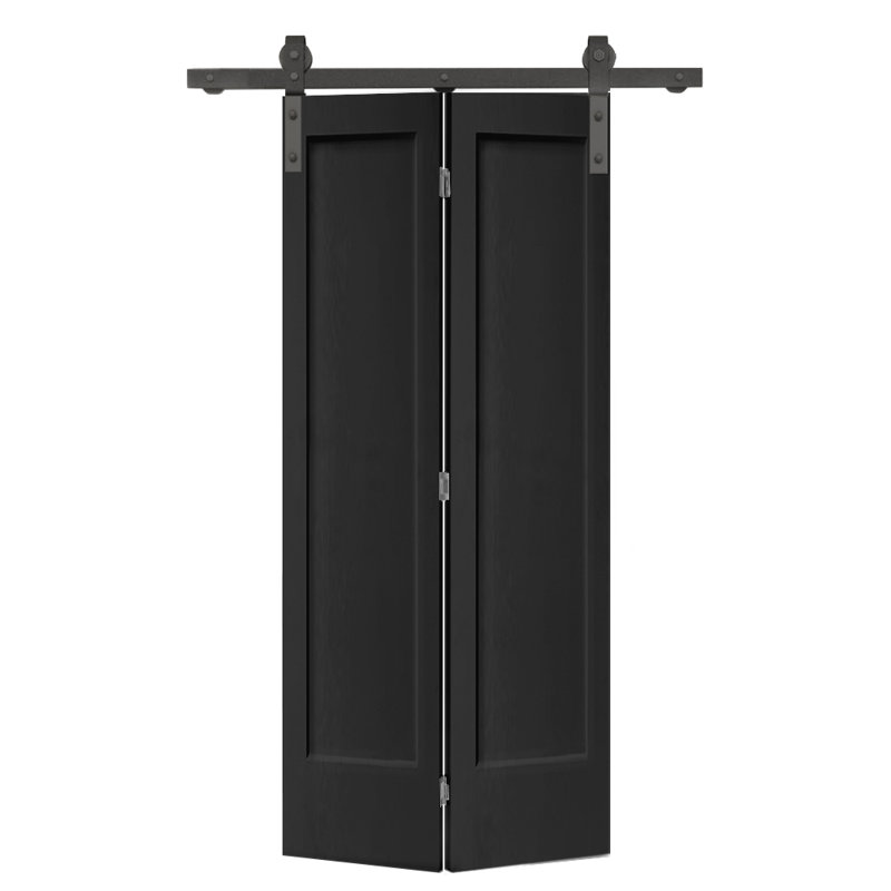 Porte de grange pliante à panneaux en panneau de fibres à densité moyenne avec ensemble de quincaillerie d'installation, Noir