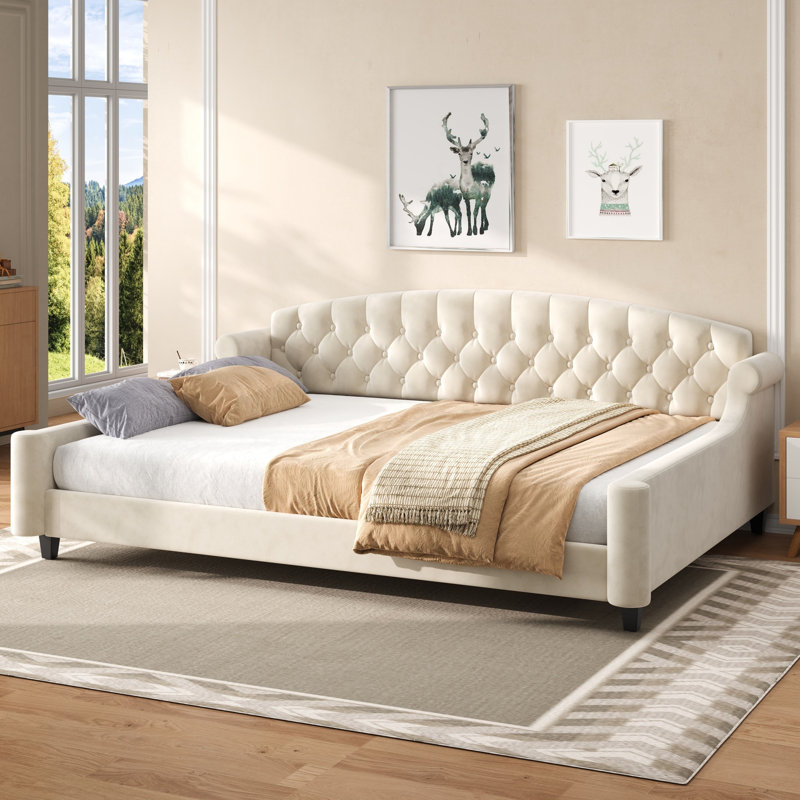 Daybed With Tufted Design, Queen, Beige