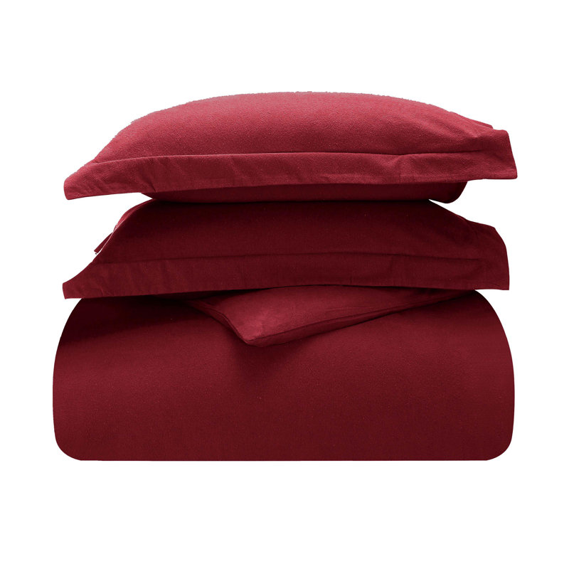 Superior Flannel Cotton Modern Classic Fuzzy Duvet Cover Set With Pillow Shams, Twin / Twin XL Duvet + 1 Sham, Burgundy