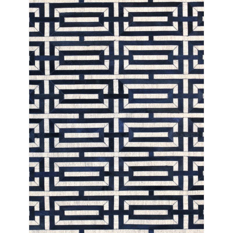 Blue and White Geometric Cowhide 4' x 6' Handmade Rug